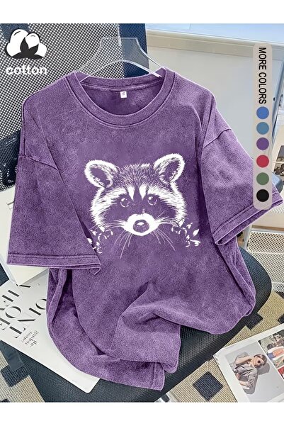Toum Cute Raccoon Printed Washable Vintage Unisex Oversize T-Shirt