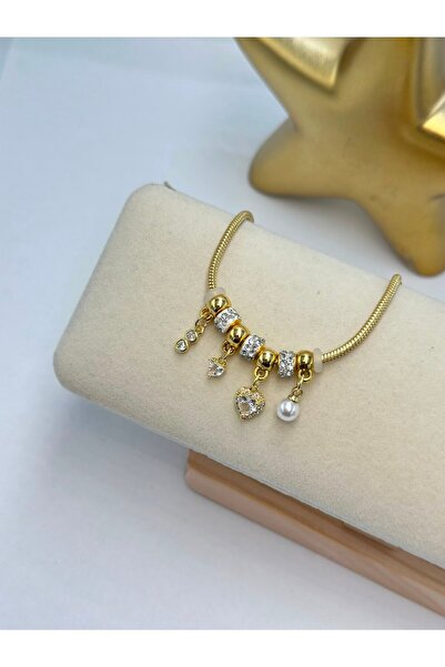 BYYEŞO Heart and Pearl Detail Charm Steel Bracelet