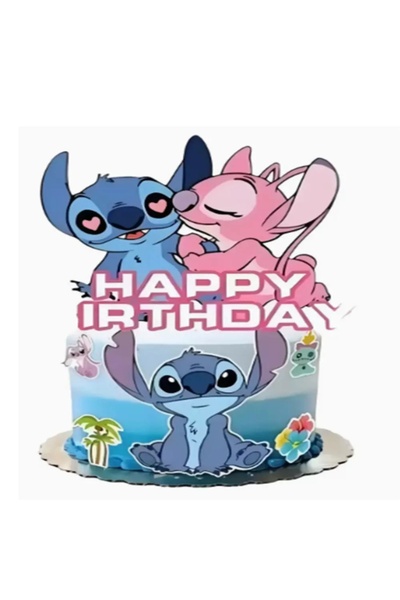 Baloane Vesele Topper Tort Stitch și Angel Happy Birthday Model Romantic TOP178