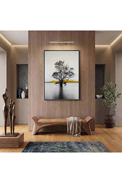 KOLAJTASARIM Suda Ağaç Monocrom Yellow Highlight Masă de sticlă cu cadru meta...