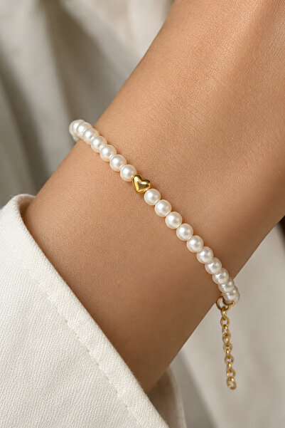 FIERA JEWELRY Jewelry Heart Detailed Pearl Beaded Gold Color Adjustable Women...