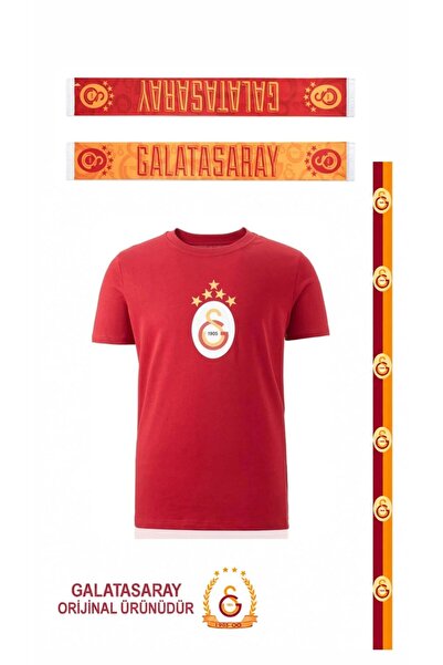 Galatasaray Orijinal Kırmızı T-Shirt 5 Yıldız Atkı Hediyeli
