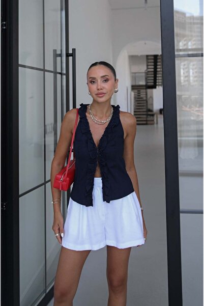 Havoş Navy Blue Blouse with Ruffles on the Collar and Front