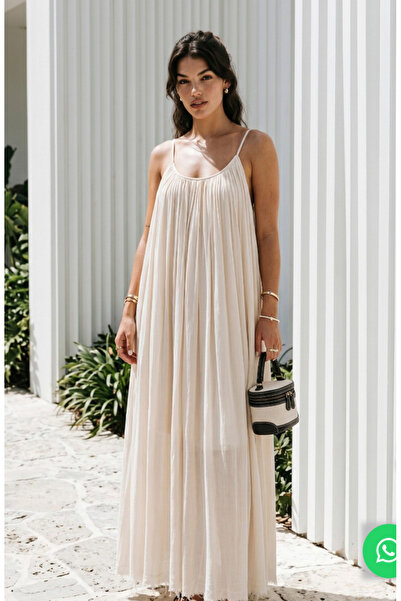 FEMMESTUDIO Women's Ecru Rope Strap Maxi Dress with Pleated Detail