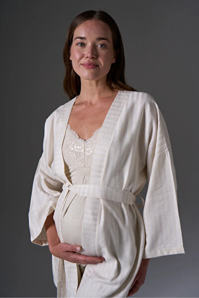 BONJOUR MADAME Linen Maternity Dressing Gown Bustier 3-Piece Pajama Set Bm-1772