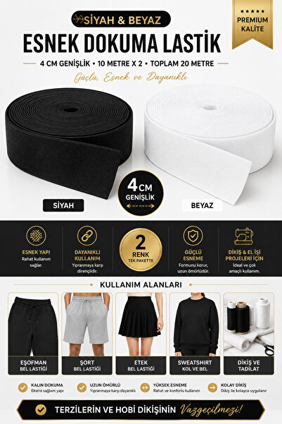 RuzgarHome Lastik 4 cm Siyah & Beyaz Seti Etek Eşofman Şort Lastiği | 10 Metr...