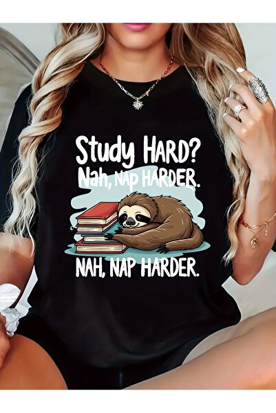 212Wear ملابس نسائية كاجوال "دراسة جادًا؟" تي شيرت بتصميم "Nah, Nap Harder" م...