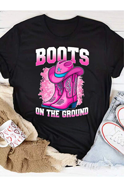 En22 Round-Neck Short-Sleeve T-Shirt, Featuring a Cowboy Boot Hat Pattern Hea...