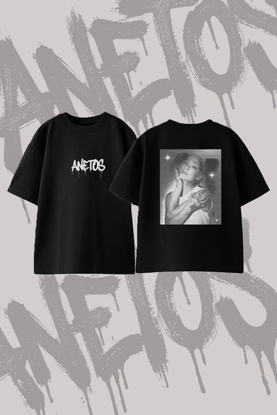 Anetos Halftone Portrait Design Back Printed Cotton Black Oversize T-Shirt