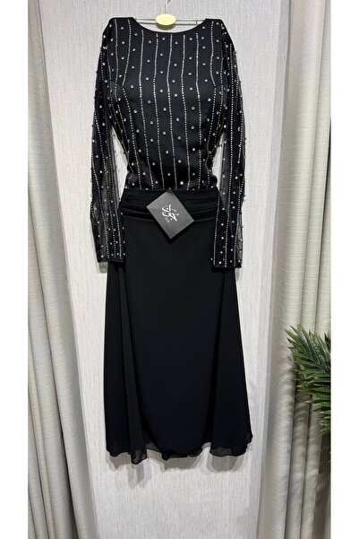 Jood Soft Embroidery Evening Dress Midi Length Party Dress with Sheer Sleeves