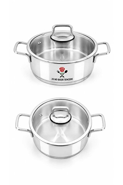 Gül Mutfak Flat Pot 20 cm Stainless Steel with Glass Lid 1 Piece
