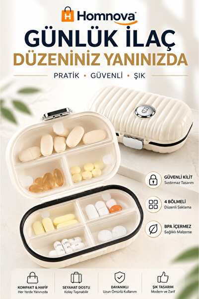 Homnova Taşınabilir İlaç Kutusu Günlük Hap ve Vitamin Saklama Kutusu 4 Bölmel...