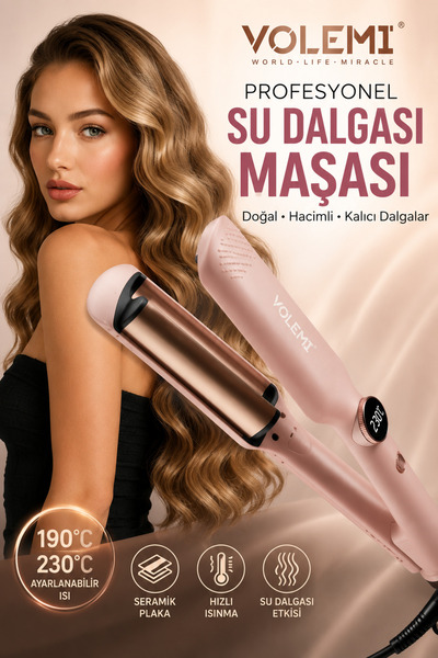 VOLEMİ Profesyonel 25 mm Derin Wag Saç Maşası 14 Farklı Isı Ayarı 100-230°C İyonik Seramik Plaka Dijital Ekran Hızlı Isınma