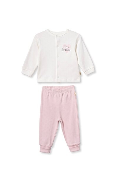 Magu Baby Girl Cotton Ecru Pink Heart Patterned Top and Bottom Set