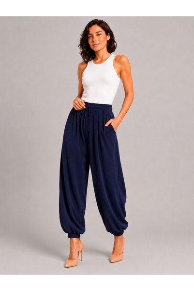 De Carte Women's Modal Fabric Shalwar Cut High Waist Pocketed Elastic Cuffed Loose Trousers Style Sweatpants