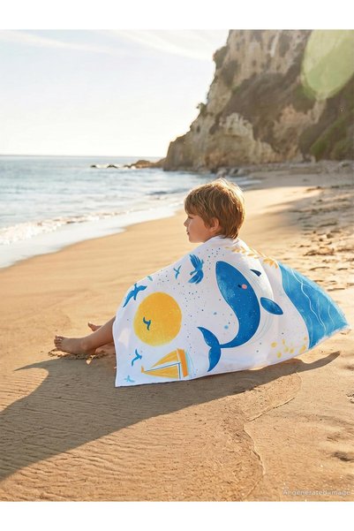 Civil Boys Whale Sun Patterned Towel - Ecru