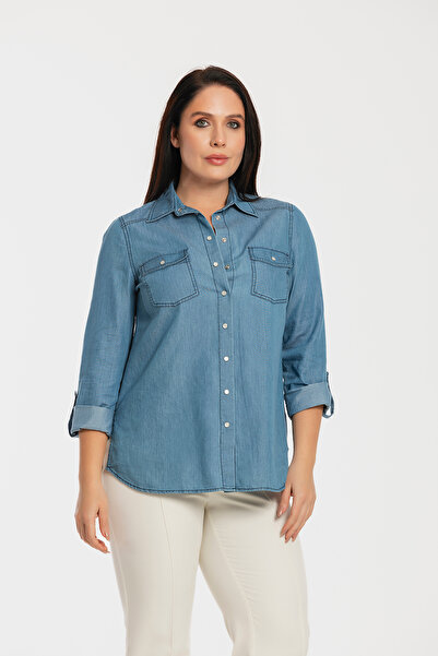 MİYORO Plus Size Tencel Denim Shirt with Pocket Detail
