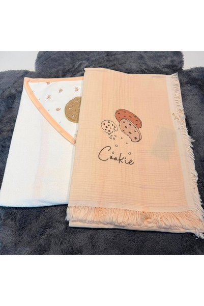 Mummys Love Gots Certified Girls' Muslin Blanket and Hooded Bath Towel - 100% Organic Cotton - Ecru&Salmon