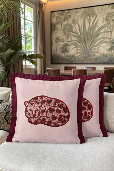 Evimde Bambaşka Cute Leopard Powder Fringe Pillowcase - Romantic Powder Burgu...