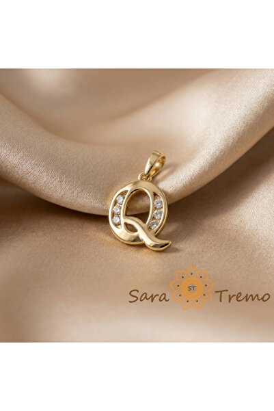 SaraTremo Pandantiv litera Q cu zirconiu, placat în trei straturi cu aur de 14K