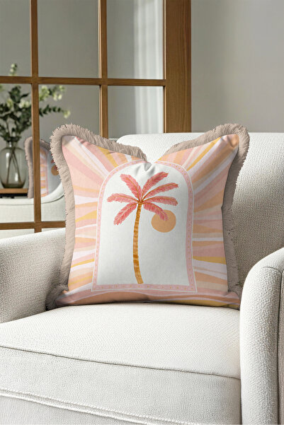 Evimde Bambaşka Tropical Palm Tree Sunlit Fringed Pillowcase-Sunset Tropic Mi...