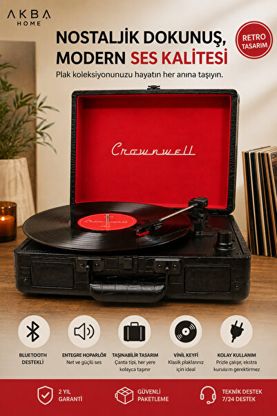 crownwell Turntable Suitcase CR Series Pikap Gramofon 33-45-78 Plak Şarjlı