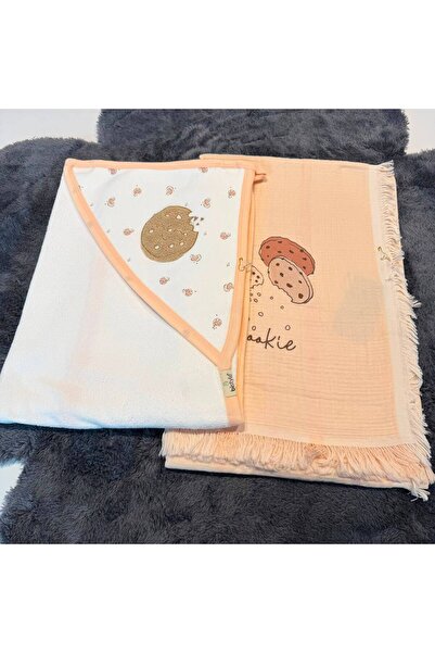 Mummys Love Gots Certified Girls' Muslin Blanket and Hooded Bath Towel - 100% Organic Cotton - Ecru&Salmon
