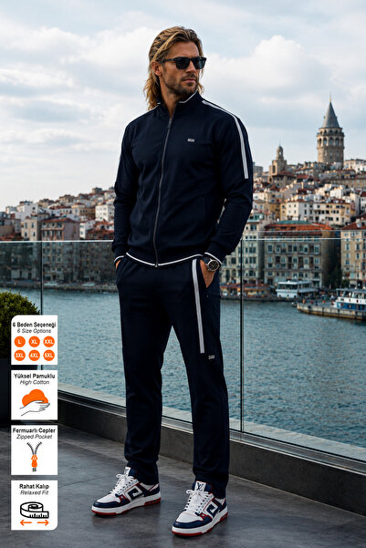 BESSA Navy Blue High Collar Tracksuit Set with Stripe Detail, Straight Leg, C...