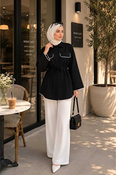 New Lune Dantel detaylı belden baglamalı Gömlek Tunik Kadın oversize uzun kol...
