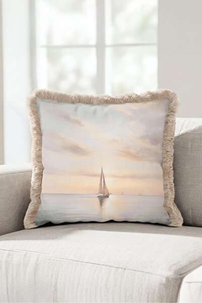 Evimde Bambaşka Sunset View Fringed Pillowcase - Sailing Marine Blue Mink Tas...