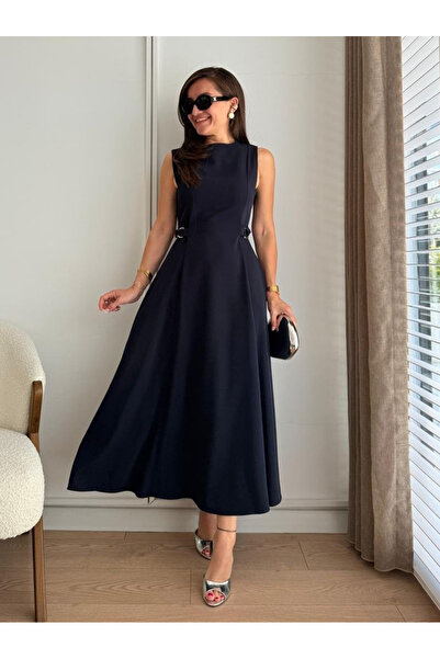 My Blog Navy Blue Zero Sleeve Dress with Belt Detail - 2Y2313