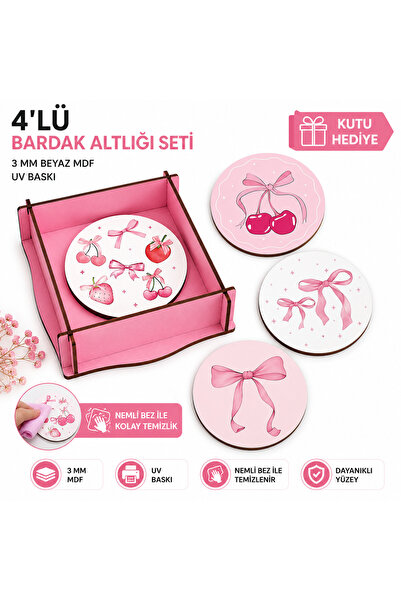 kids town WoodTown 4'lü Pembe Fiyonk & Kiraz Desenli Bardak Altlığı Seti – 3 ...