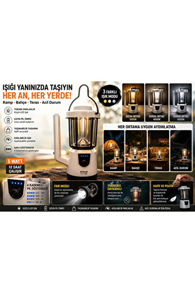 EyluX Shop CAMPING 5 W Şarjlı Işıldak Kamp Feneri Fonksiyonlu Uzun Menzil Güç...