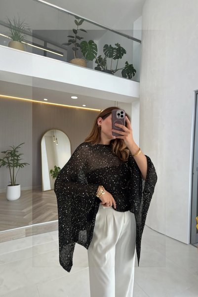 MODAMERSİ Women's Black Sequined Asymmetrical Transparent Blouse