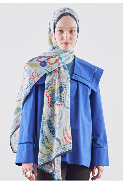 Freshscarfs Eloria Patterned Ramie Viscose Shawl Blue