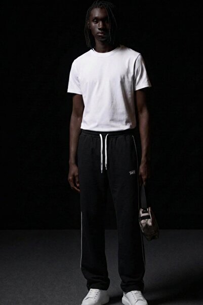 comstar Men's Printed Wide Leg Striped Black Sweatpants