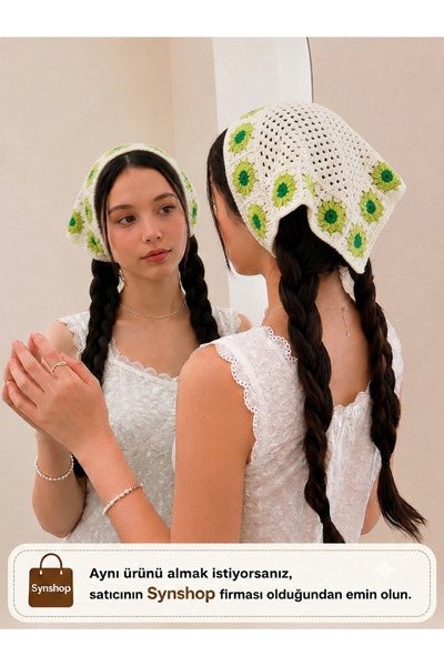 synshop Cream Green Premium Knitted Triangle Bandana Alaçatı Hair Band Women ...