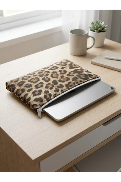 PURSEMARK Leopar Desenli Tablet Kılıfı 11-13 İnç Fermuarlı El Yapımı Çanta