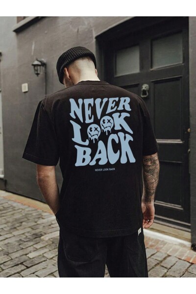 LUMSHİNE Oversize Back Never Look Back Printed Crew Neck T-Shirt