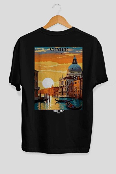 Ankhises Venice Italy 2 Black Oversize Country City Back Printed Unisex T-Shi...