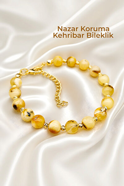 NBS Beautiful Naturel Stones Nazar Kehribar Vip Dorika Gold Plated Bracelet w...