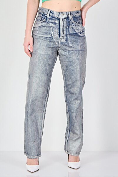 Monki Women Straight Leg Fit Metallic Non Stretchable Jeans, Blue