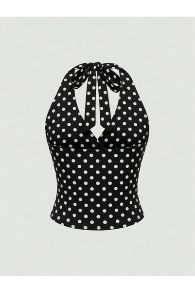 Wildco Black and White Polka Dot Cross-Neck Blouse, Women's Polka Dot Crop Top with Neck Straps
