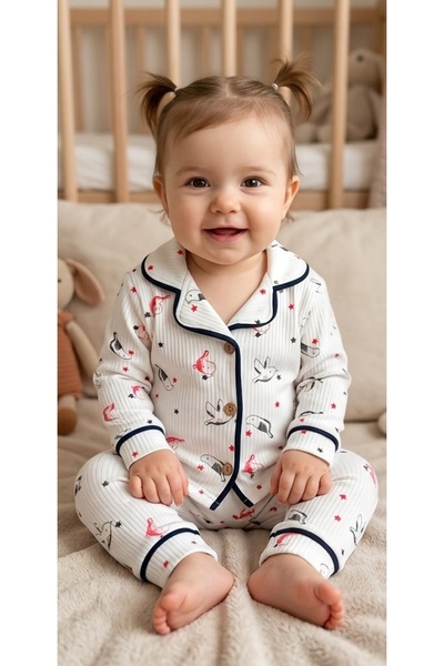 monox Pamuk Kız Bebek Kuş Desenli Düğmeli Uzun Kollu Pijama Takımı
