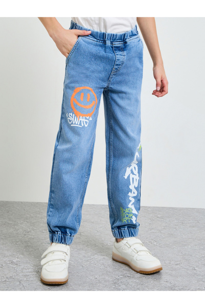 Styli Boys Blue Graphic Print Pull-On Jeans