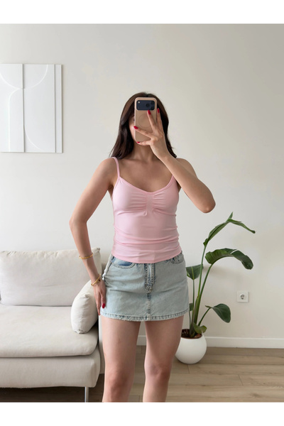 Zoom Butik Ön Büzgü Askılı Bluz - PEMBE