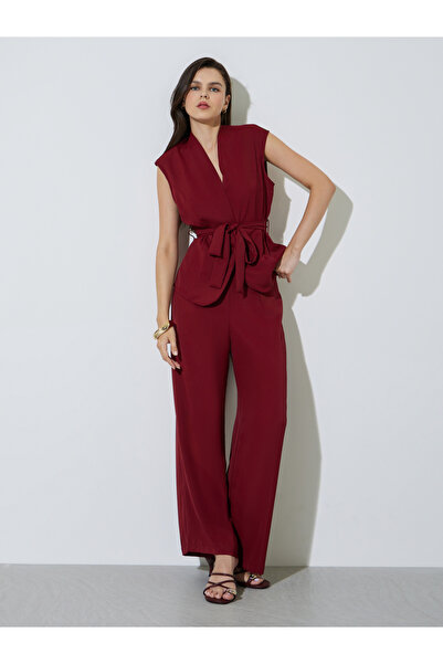 Take Two By Styli Burgundy Waistcoat With Tie-Belt And Pants Co-Ord Set