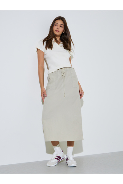 Styli Cream A-Line Midi Skirt With Side Pocket