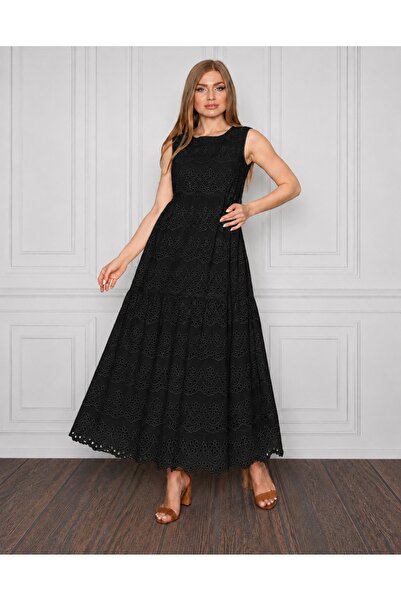 etselements Rochie neagră Zero Sleeve Long Voile pentru femei 4386