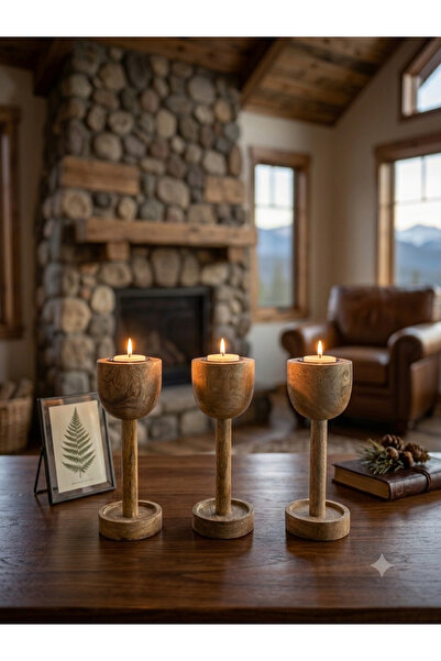 Binshihon Home Rustic Wood Candlestick Holder Set of 3 - Round Cup-Shaped Can...